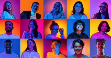 Collage made of portraits of different people of diverse age, gender and nationality smiling against multicolored background in neon light. Concept of human emotions, lifestyle, facial expression. 